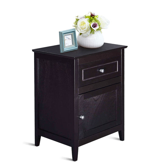 2-Tier Modern Badroom Nightstand with Drawer topped with a vase of flowers and a small photo frame