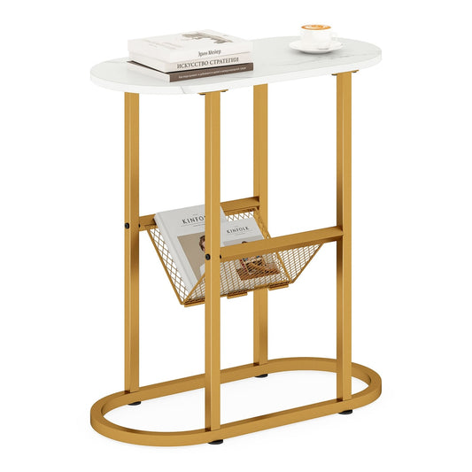 2-Tier Narrow Side Table with a white oval top and gold frame holding books and a coffee cup