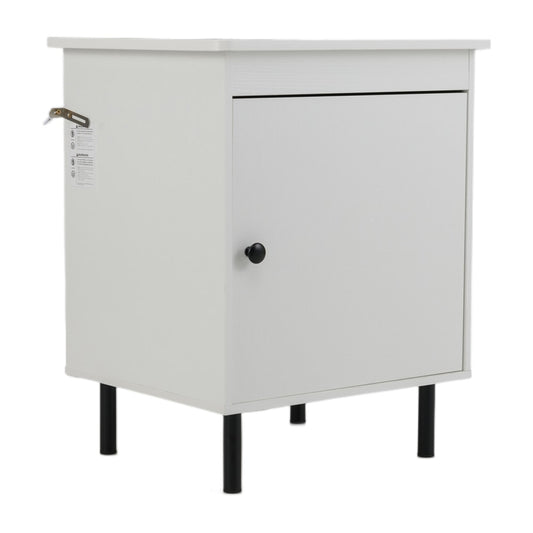 2-Tier Nightstand with Single Door Cabinet in white, a compact bedside table with a cabinet door and four black legs