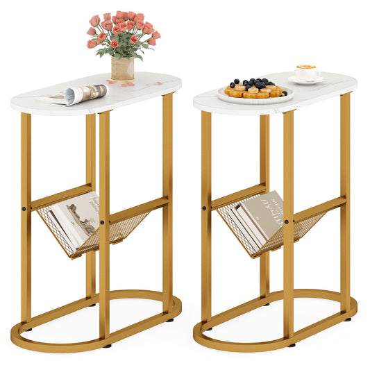 2-Tier Oval End Table Set featuring two white tables with gold frames and mesh storage shelves