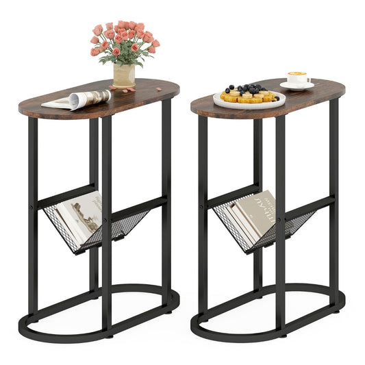 2-Tier Oval End Table Set with rustic brown wood grain tops and black metal frames, showing two tables side by side