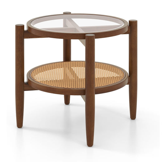 2-Tier PE Rattan Round Side End Table with a glass top and a lower rattan shelf