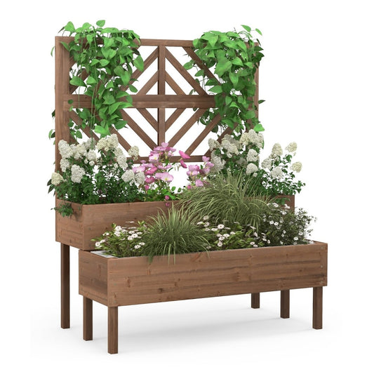 2-Tier Raised Garden Bed with Trellis and Drainage Hole, a wooden planter with two tiers and a trellis at the back, filled