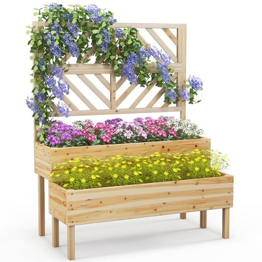 2-Tier Raised Garden Bed with Trellis and Drainage Hole with purple and yellow flowers