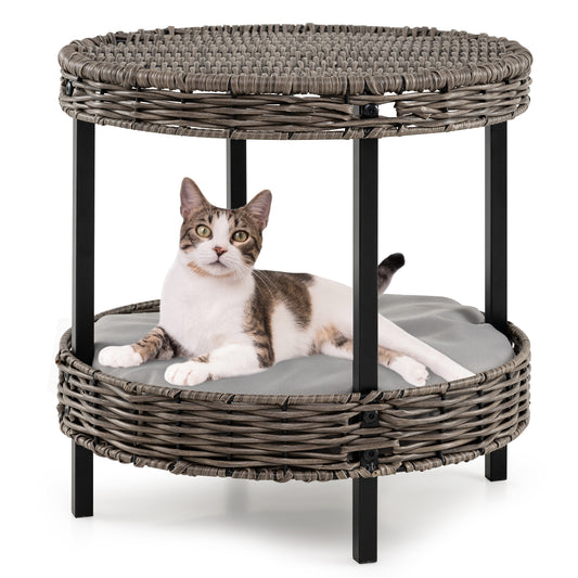 2-tier Rattan Cat Nest Wicker Kitten House Indoor and Outdoor Elevated Pet Shelter-Grey with a cat resting inside