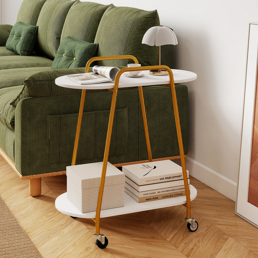 The modern mobile side table in a living room next to a green sofa