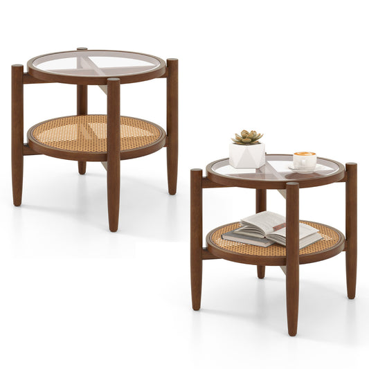 2-Tier Round Side End Table Set of 2 with a glass top and cane shelf