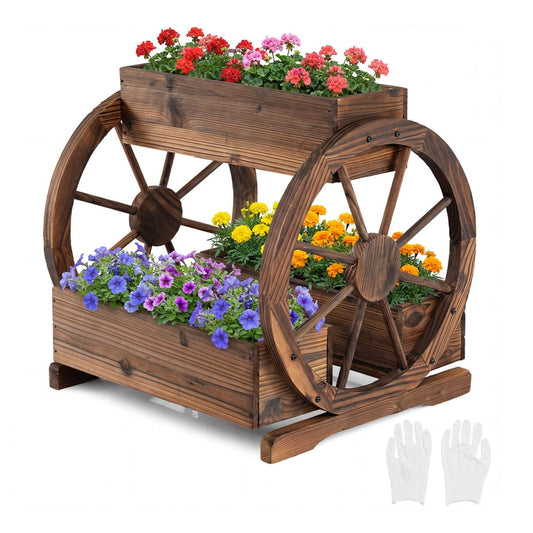 2-Tier Rustic Wood Wagon Planter filled with colourful flowers and a pair of white gloves included