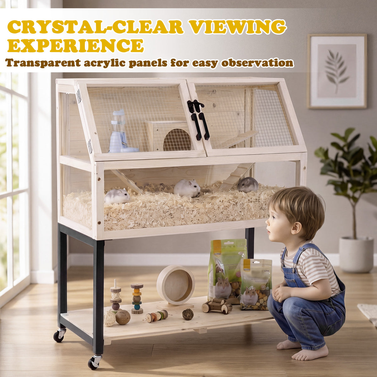 Child looking into the small animal habitat with transparent acrylic panels