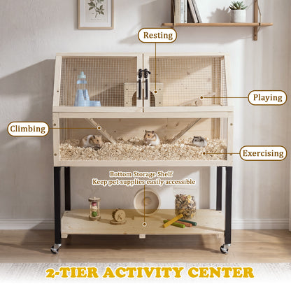 The 2-tier activity centre for small animals with labels for resting, playing and exercising
