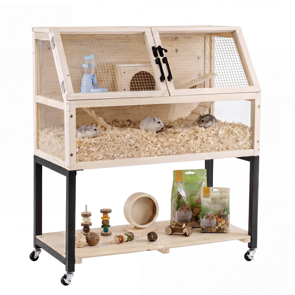 The small animal habitat with hamsters, food bags and toys on the lower shelf