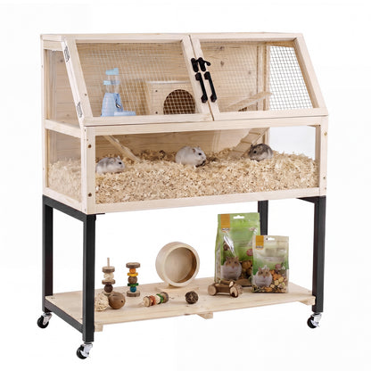 The small animal habitat with hamsters, food bags and toys on the lower shelf