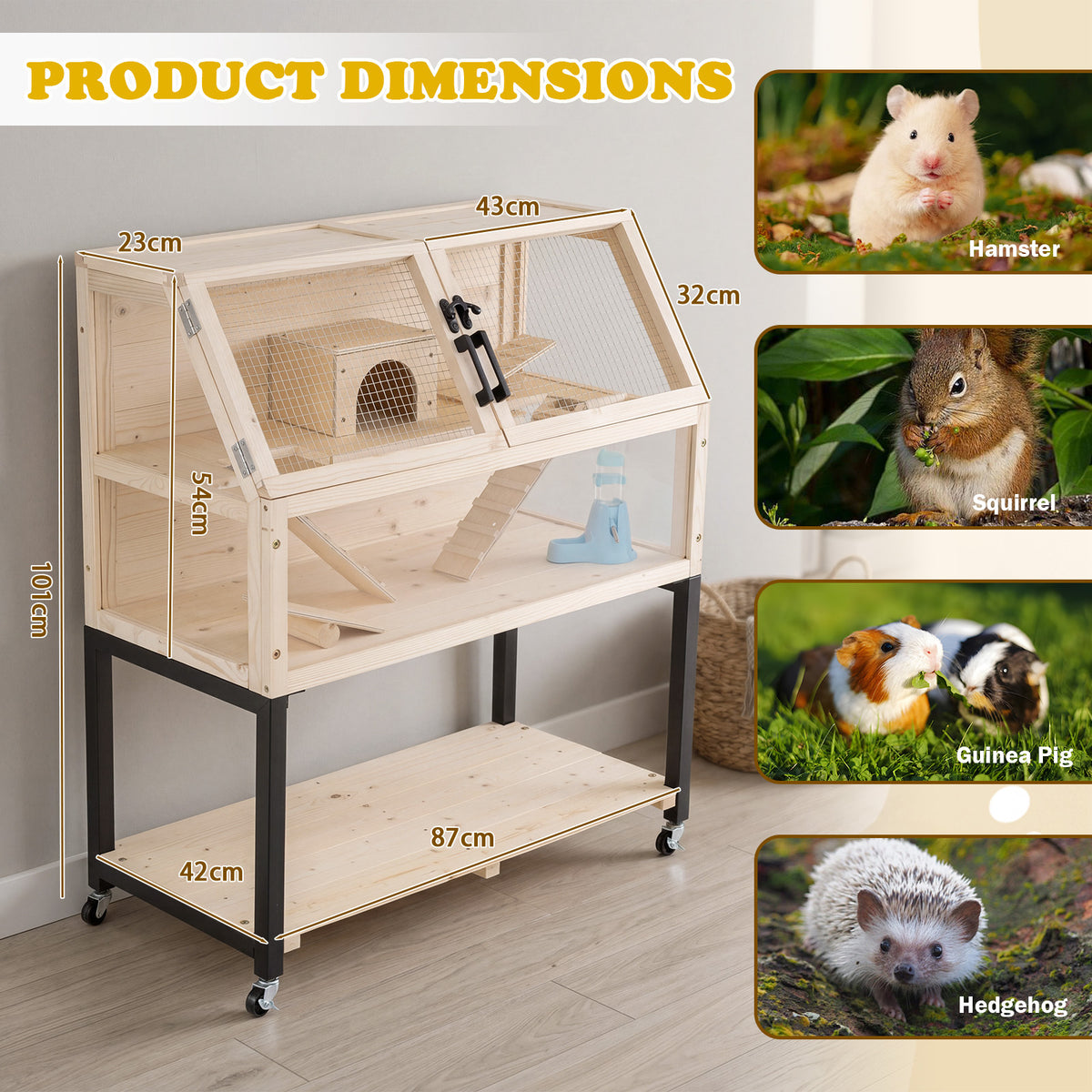 Product dimensions diagram for the small animal habitat with hamster, squirrel and guinea pig