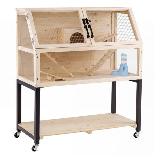 2-Tier Small Animal Habitat with acrylic windows and storage shelf on lockable casters