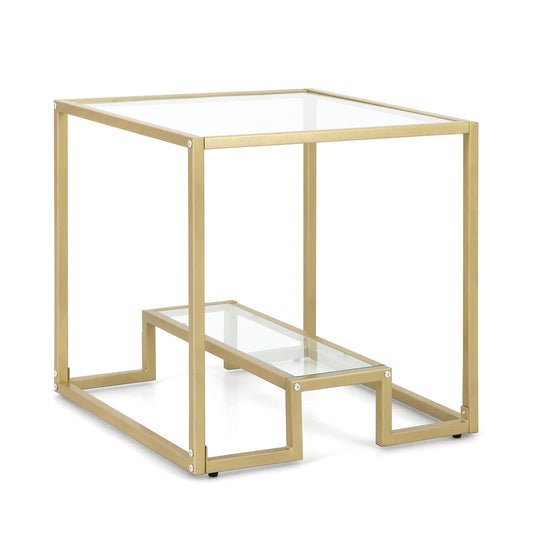2-Tier Snack Table with a golden metal frame and two clear glass shelves