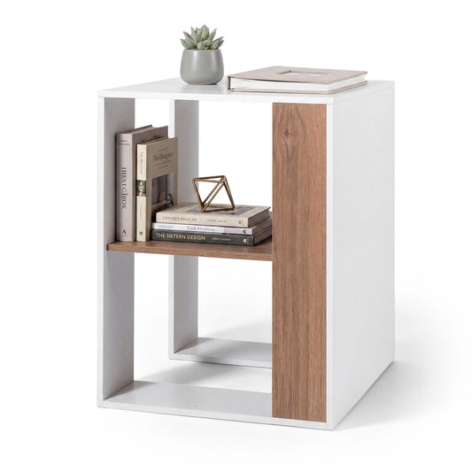 2-Tier Square End Table with storage shelf in natural and white finish