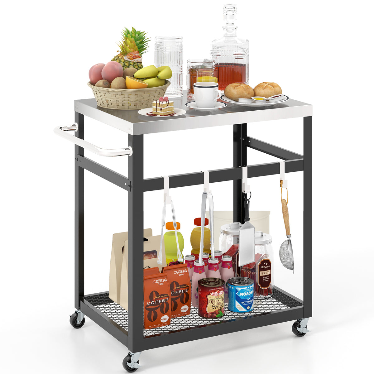 2-tier Stainless Steel Grill Cart with Wheels and Handle in Black