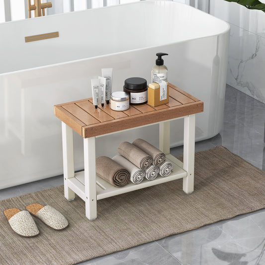 The brown and white shower stool beside a bathtub with towels and toiletries