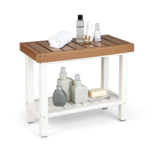 2-Tier Waterproof HDPE Bathroom Shower Stool with Storage Shelf in brown and white