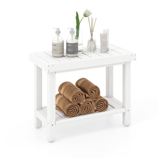 2-Tier Waterproof HDPE Bathroom Shower Stool with Storage Shelf holding toiletries and rolled towels