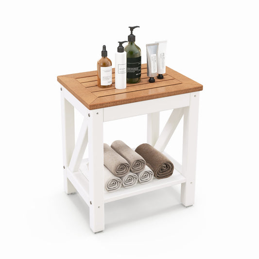 2-Tier Waterproof Shower Bench with Storage Shelf in brown and white with towels on the shelf