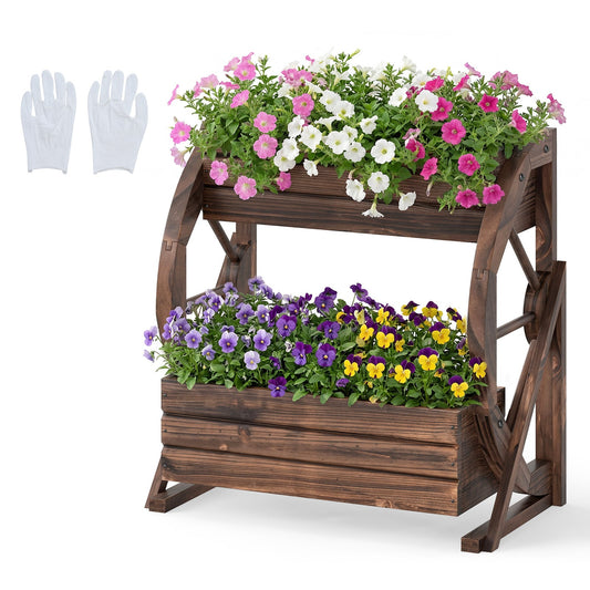 2-Tier Wood Wagon Planter Box with drainage holes for flowers in coffee colour