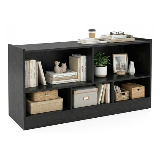 2-Tier Wooden Kids Bookcase filled with books, decorative items, and storage boxes on a white background
