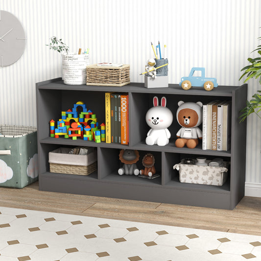 The kids storage unit filled with toys and books in a playroom setting