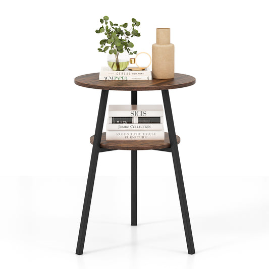 2-Tier Wooden Round Side Table with Storage Shelf, brown wood effect top and shelf with black metal legs