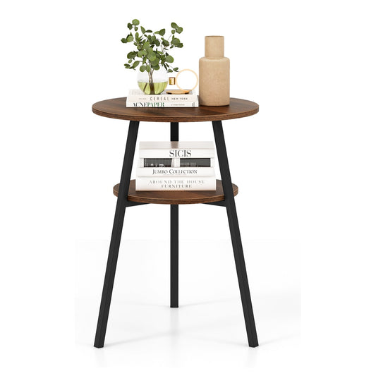 2-Tier Wooden Round Side Table with Storage Shelf with two shelves and black legs