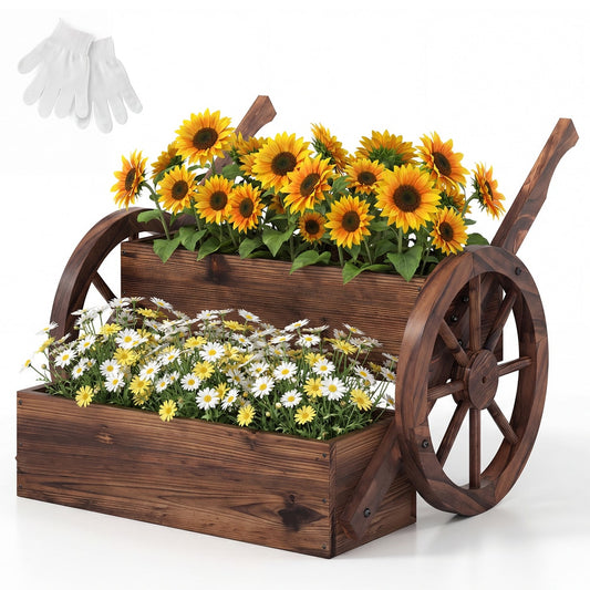 2-Tier Wooden Wagon Planter Box Decorative Raised Garden Bed with wheels in coffee colour, shown with sunflowers and daisies