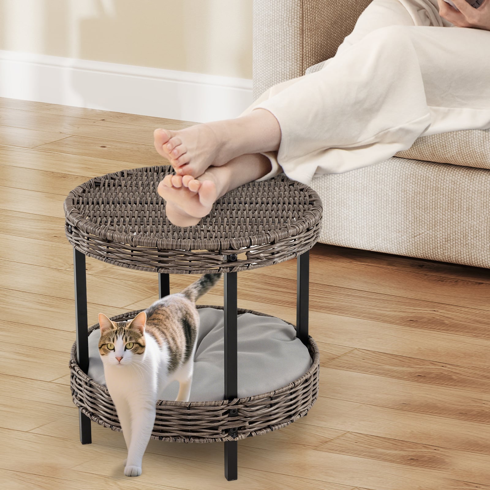 2-tier Rattan Cat Nest Wicker Kitten House Indoor and Outdoor Elevated Pet Shelter-Grey