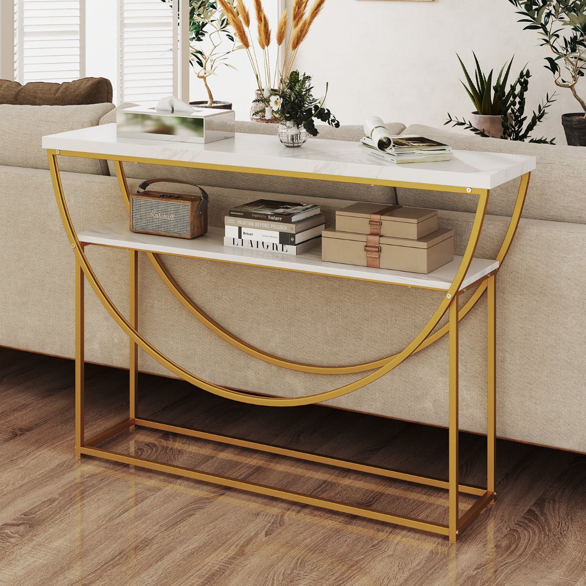 2-Tier Faux Marble Top Console Table with Storage Shelf-White & Golden