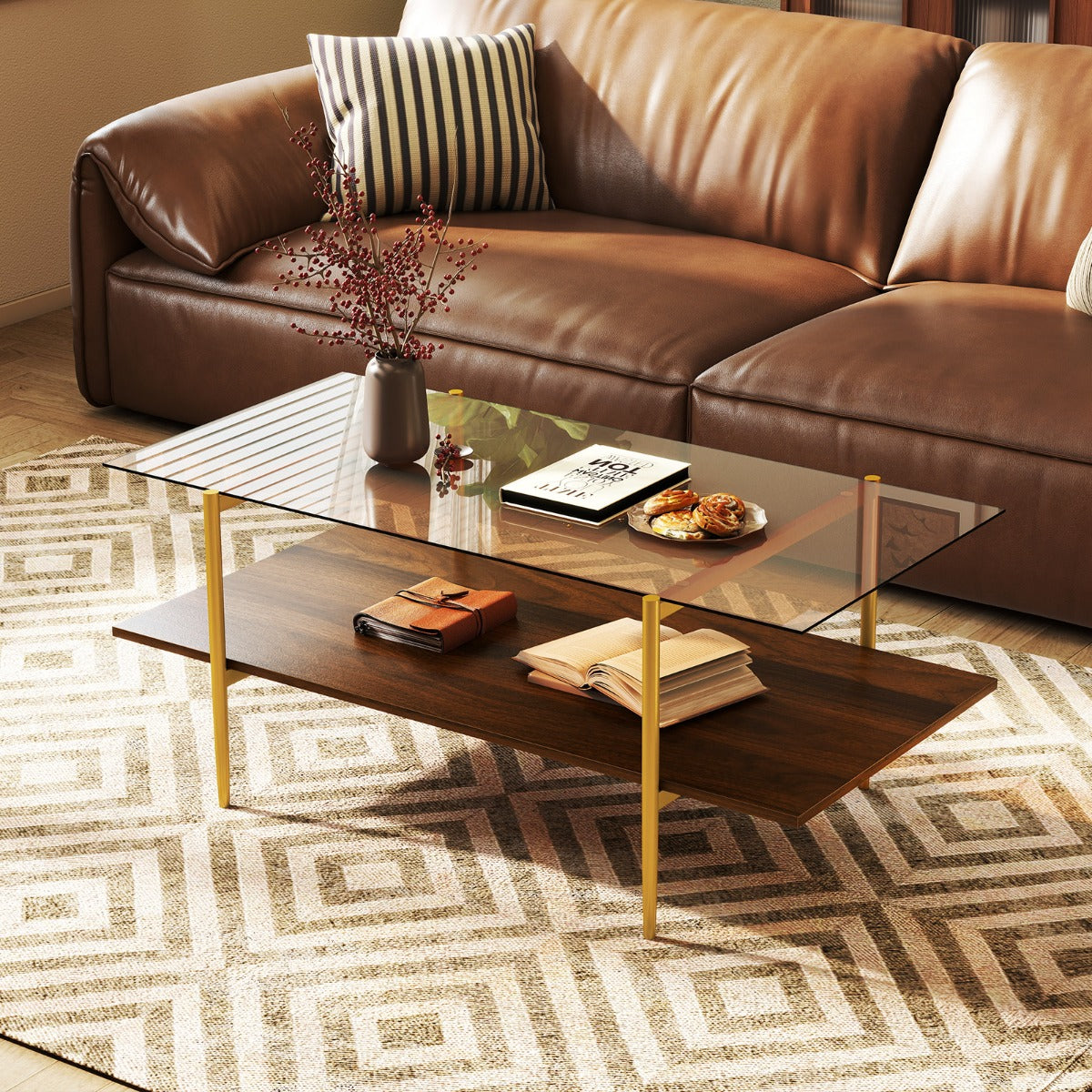 2-Tier Glass Coffee Table with Tampered Glass Tabletop & Open Storage Shelf-Brown