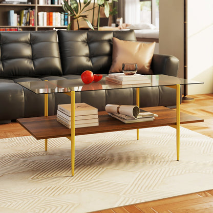 2-Tier Glass Coffee Table with Tampered Glass Tabletop & Open Storage Shelf-Brown