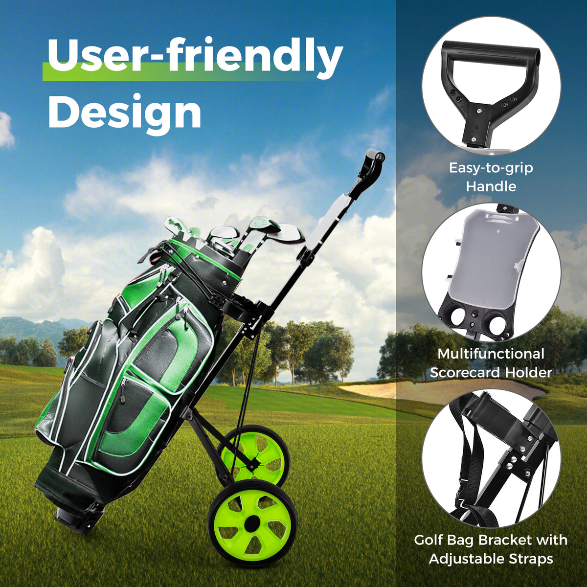 Close up of the user-friendly design of the green golf cart including handle and scorecard holder