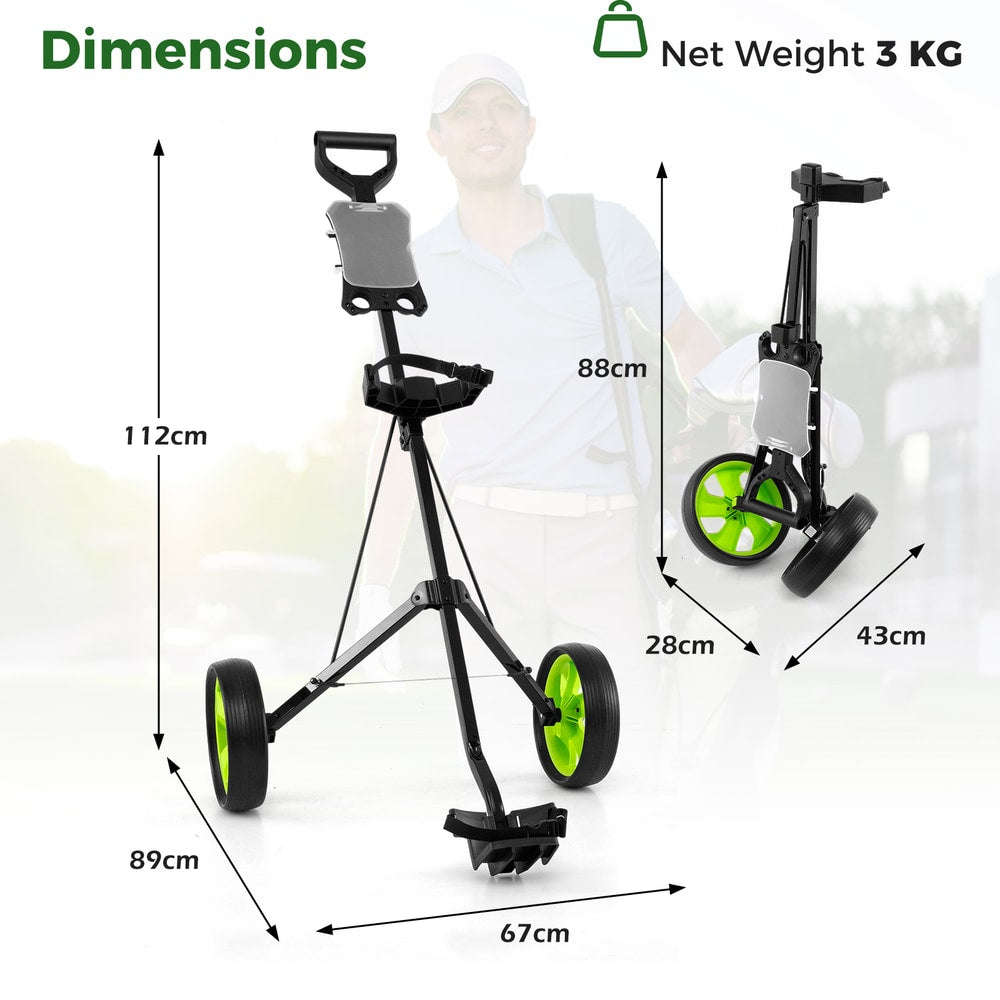 Dimensions diagram of the green golf cart showing height, width and depth