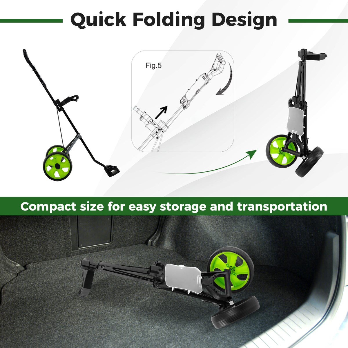 The green golf cart is shown folding down for easy storage and transportation