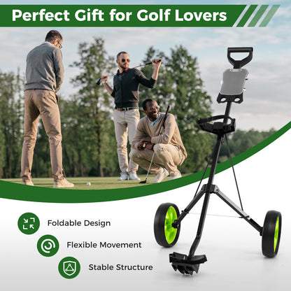Three men play golf with the green golf cart nearby, presented as a gift idea