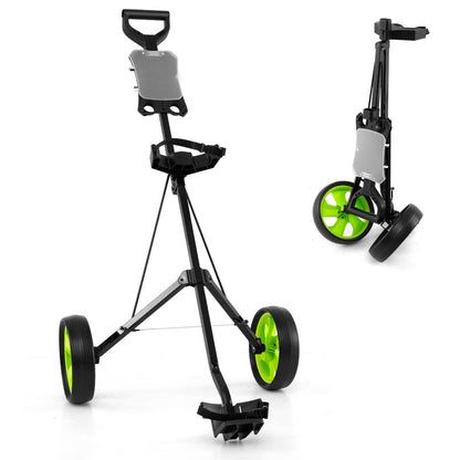 2 Wheels Foldable Golf Cart with Scoreboard in green, shown from the front with the handle and wheels visible