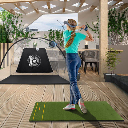 Woman practising golf on a balcony hitting mat