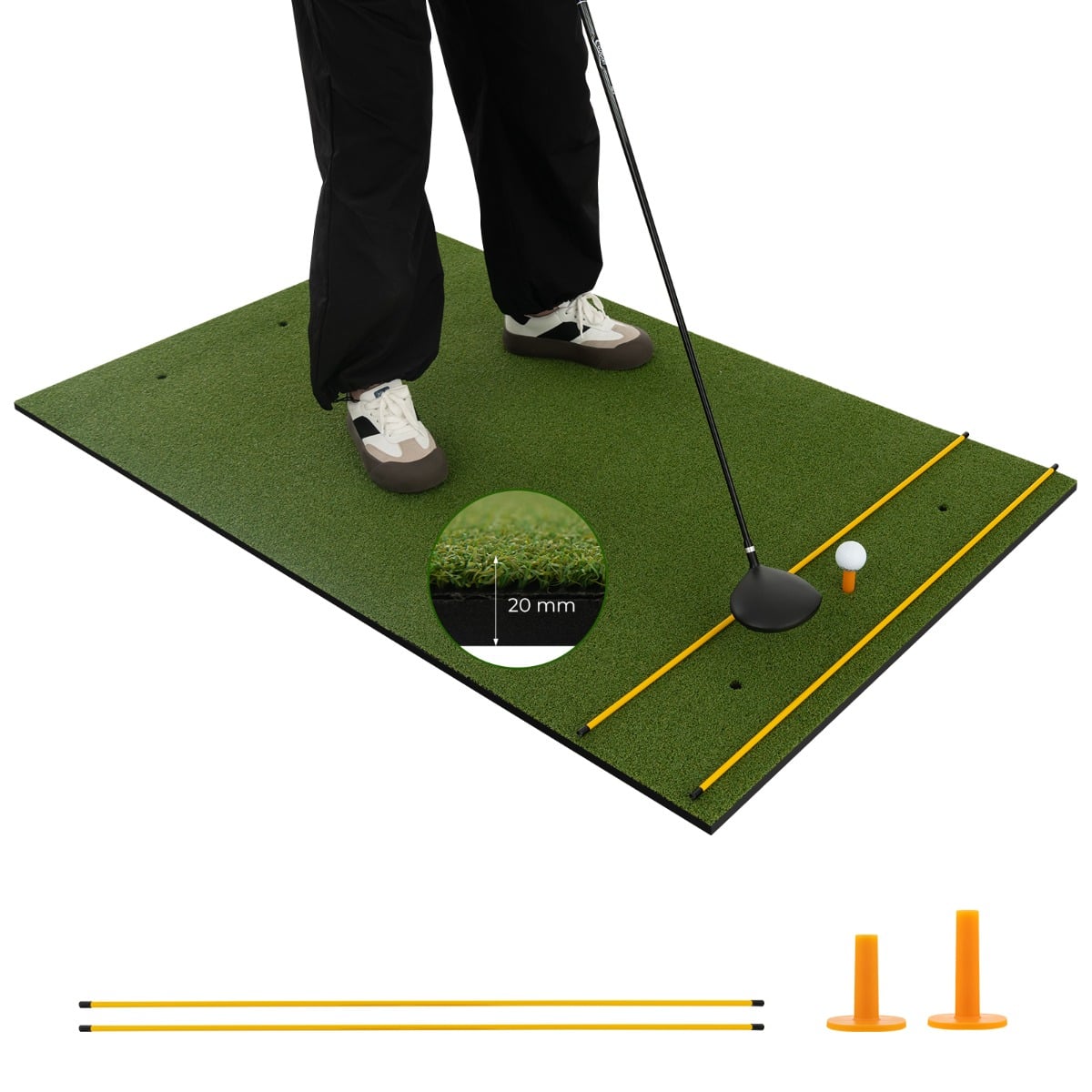 20 mm Golf Hitting Mat Includes 2 Rubber Tees and 2 Alignment Sticks-S with a golf club and ball on a tee