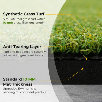 Close up of the golf hitting mat showing synthetic grass turf and anti-tearing layer