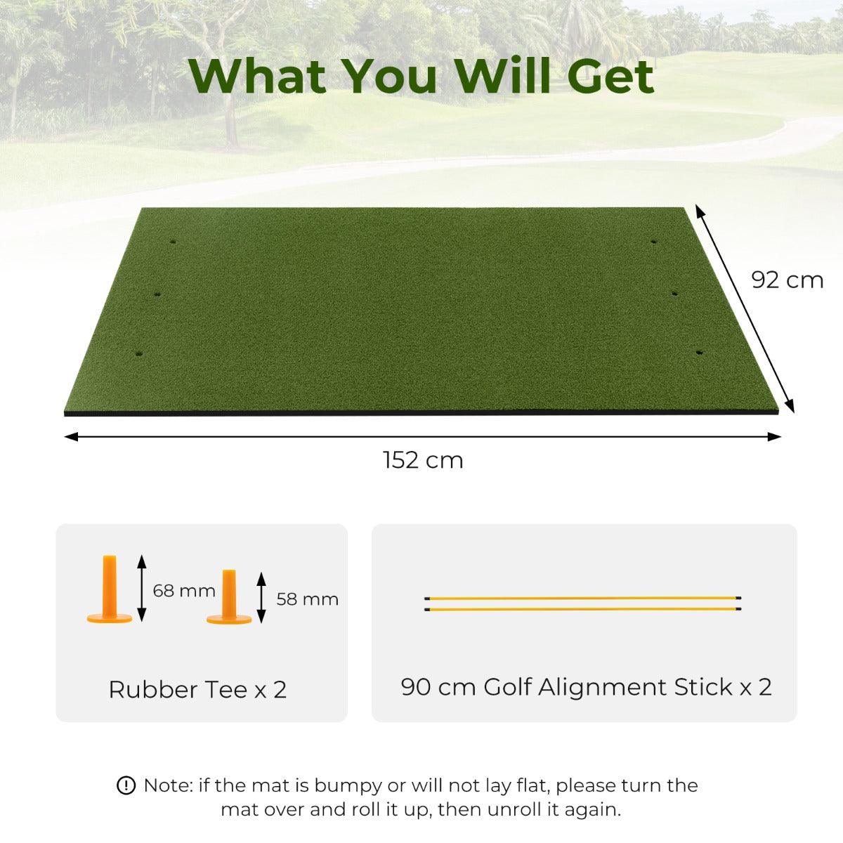Diagram showing the golf hitting mat dimensions and included accessories