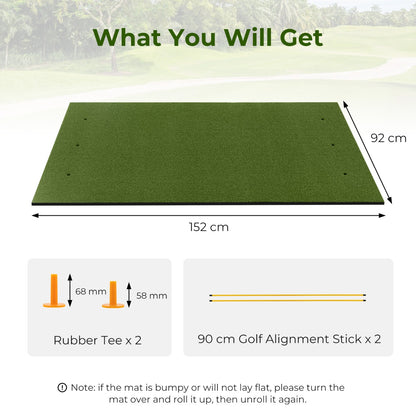 Diagram showing the golf hitting mat dimensions and included accessories