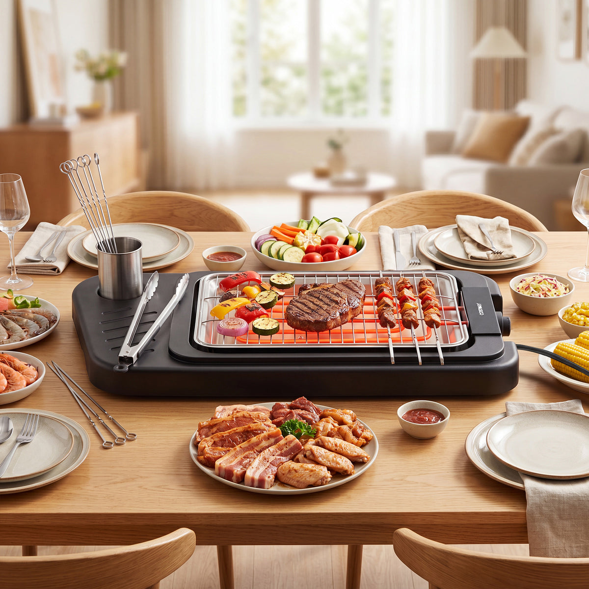 2000W Outdoor BBQ Grill with Detachable Stand Dual Plates-Red