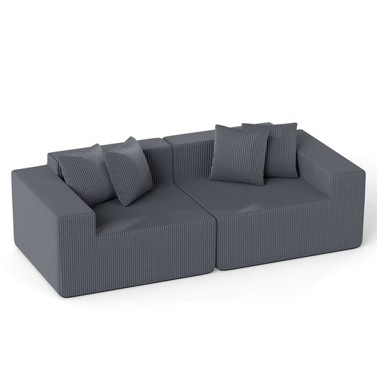 204 cm Boneless Sofa Couch Corduroy Upholstered Loveseat in grey with four matching scatter cushions