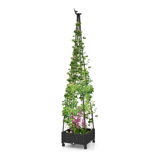 206 cm Garden Obelisk Trellis for Climbing Plants-Black, a tall black metal obelisk with climbing plants and a planter base