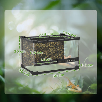 PawHut Reptile Glass Terrarium with Stone Background, Front Ventilation, Escape-Proof Knob Lock, 30 x 20 x 20 cm, Black