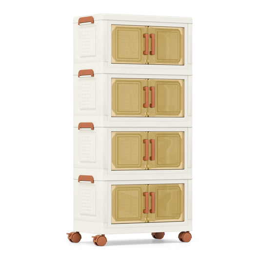 208L Stackable Plastic Collapsible Storage Bins with Lids, a tall white unit with four clear doors and orange handles